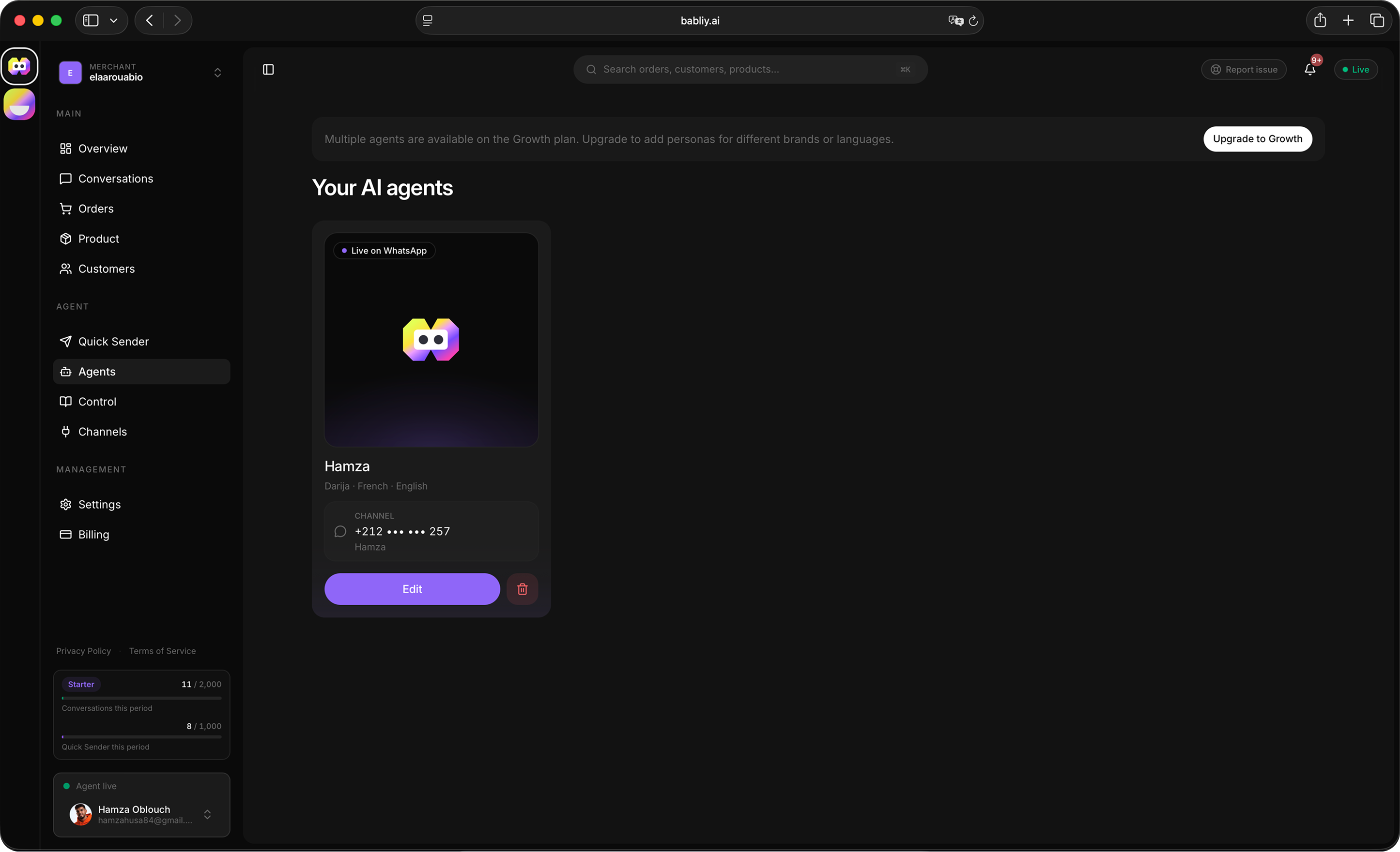 Babliy agent configuration with language and persona settings