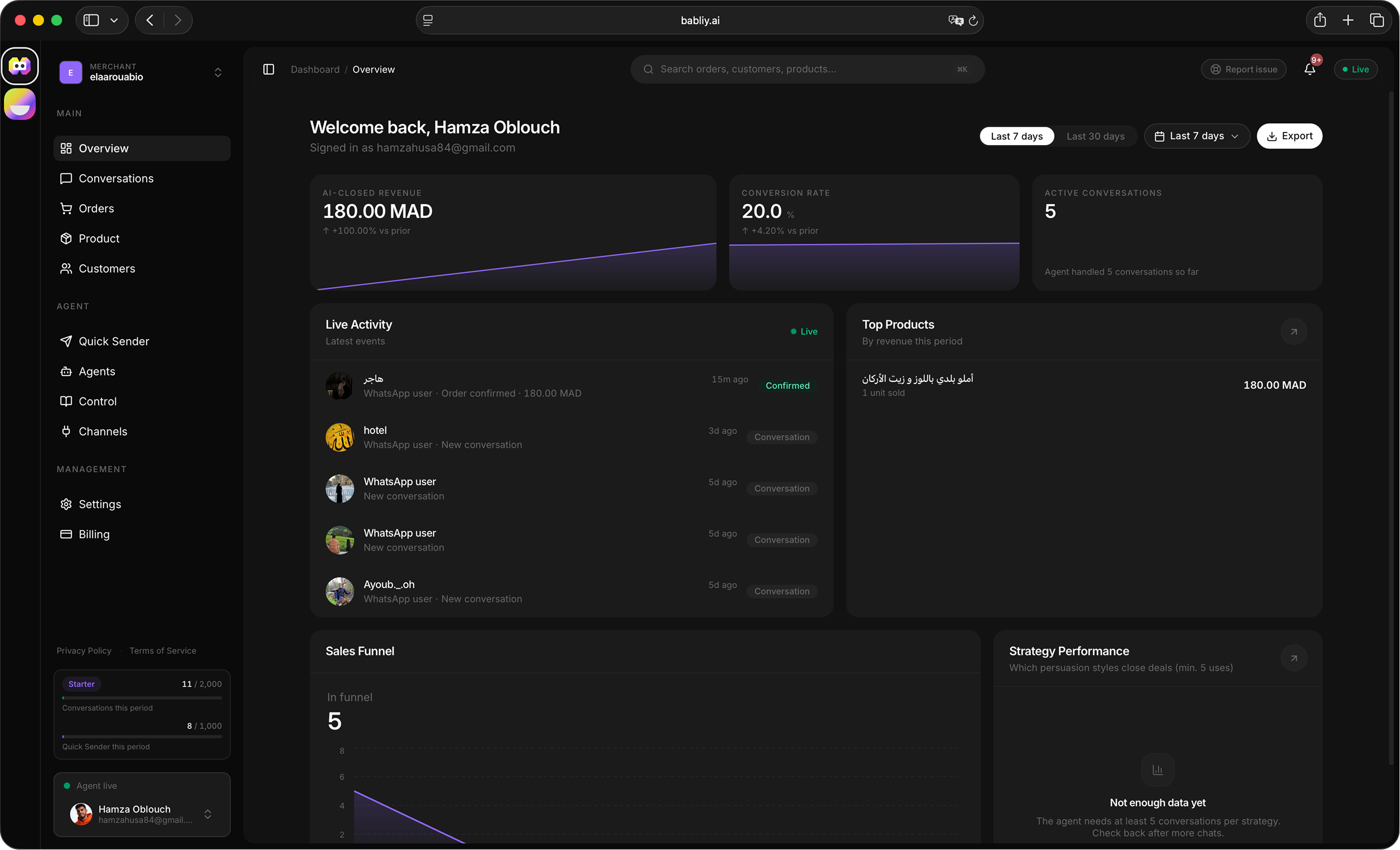 Babliy overview dashboard with revenue and recent activity
